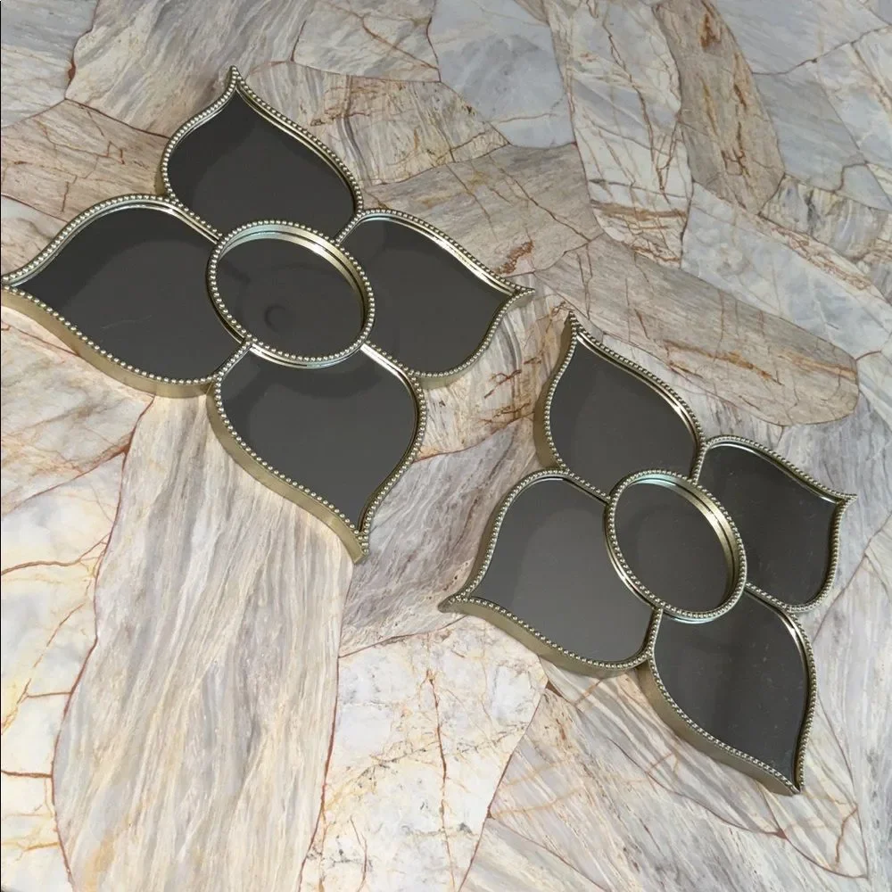Elegant Black and Silver Decor Glass Mirror Flower Shaped Wall Set of 2